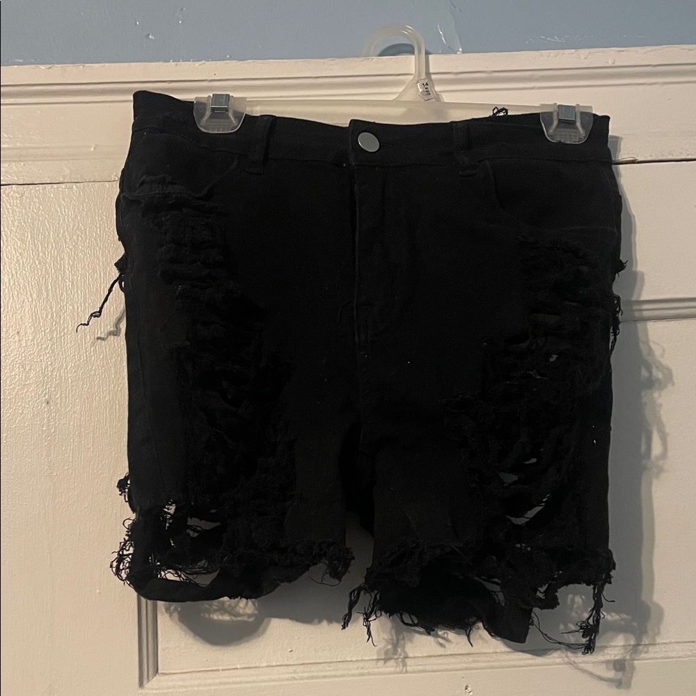 Distressed Black Denim Shorts